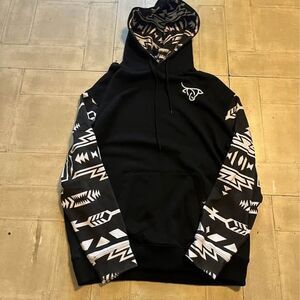 Lost Calf Custom Graphic Hoodie featuring white Aztec-style patterns sz L